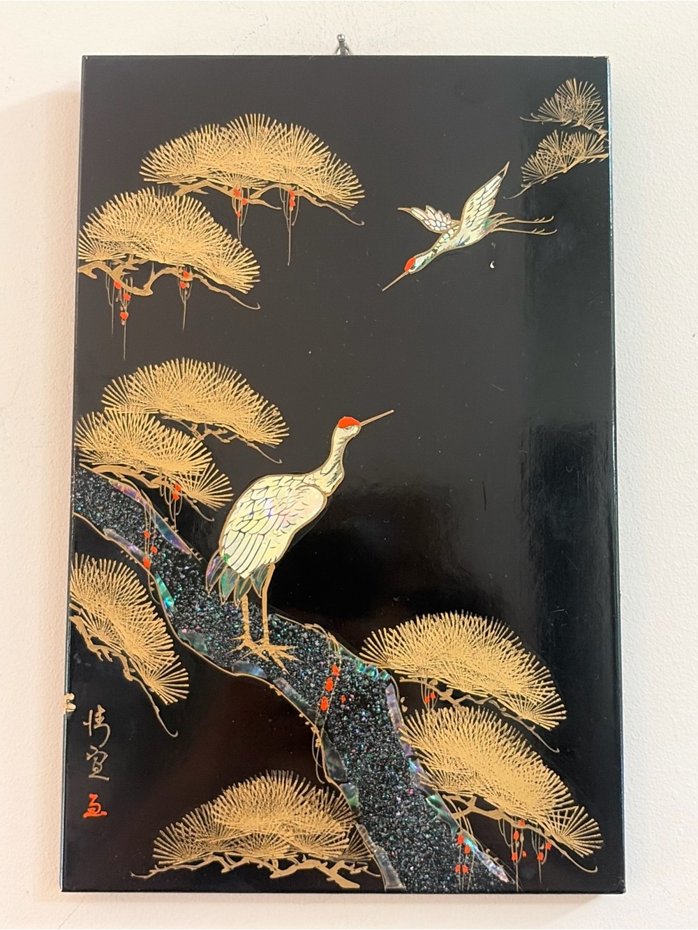 Vintage Signed Japanese Hand Painted Lacquered Inlaid Shell Crane Panel Artwork